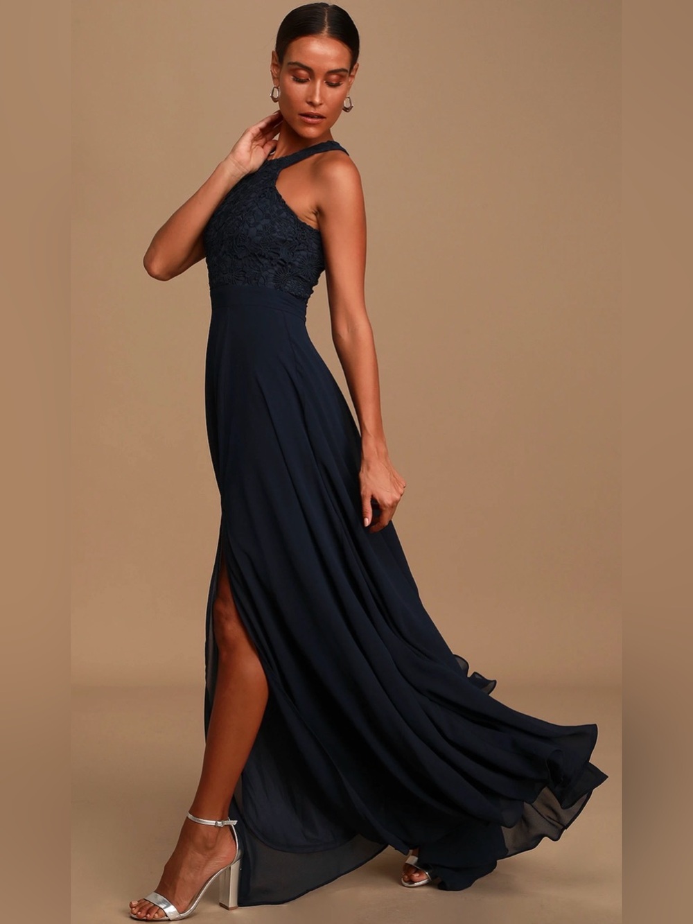 Lulus Picture Perfect lace maxi dress navy formal cocktail evening S